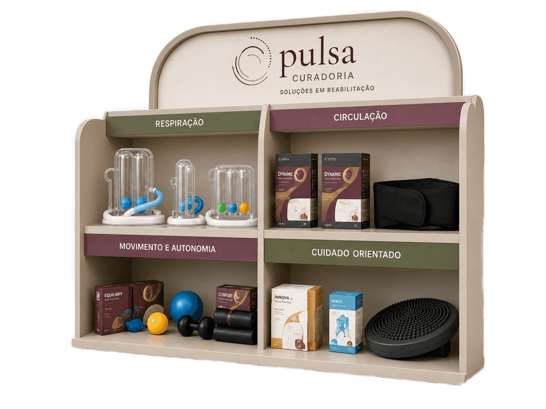 Expositor Pulsa Curadoria — produtos para reabilitação funcional organizados por necessidade